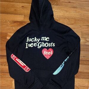 Black Graphic Hoodie with Red and White Accents